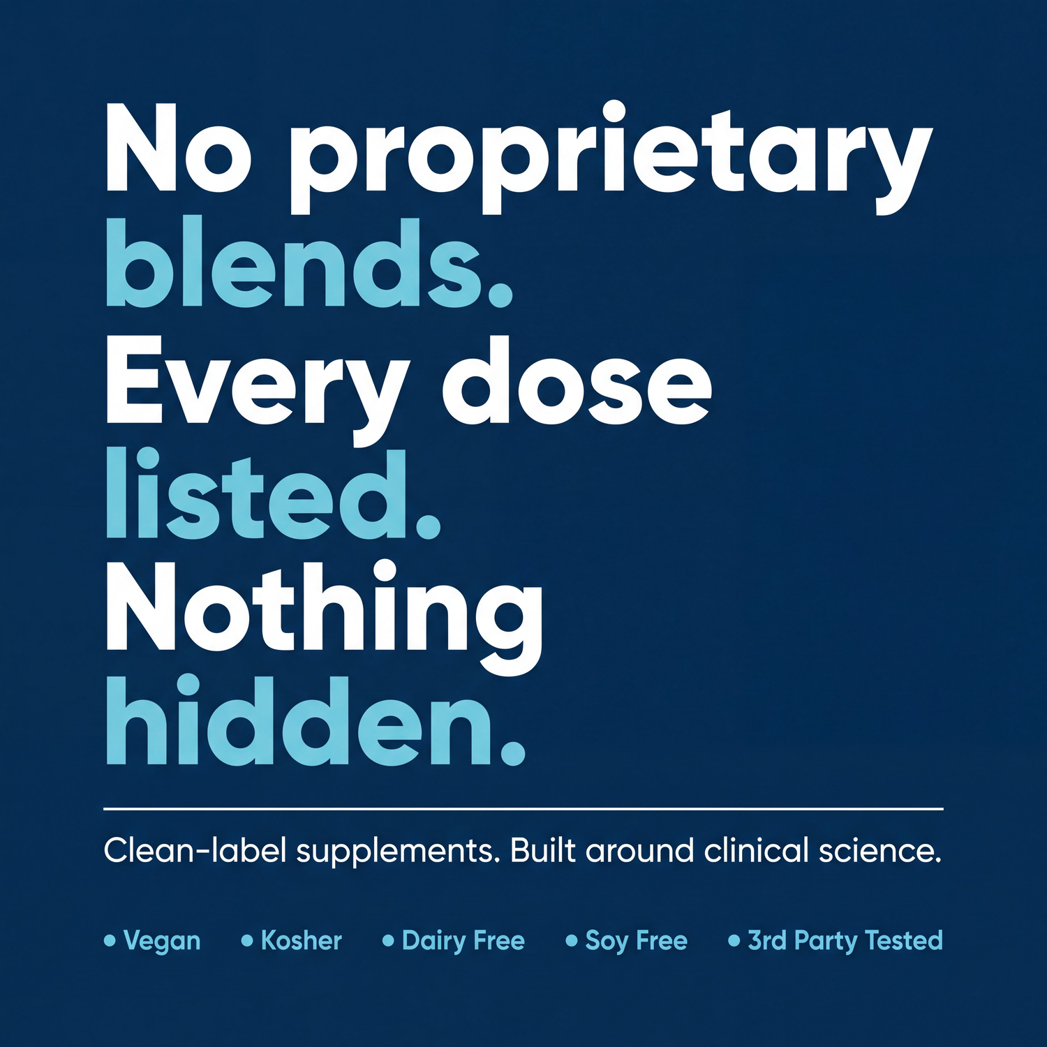 No proprietary blends. Every dose listed. Nothing hidden. Clean-label supplements built around clinical science.